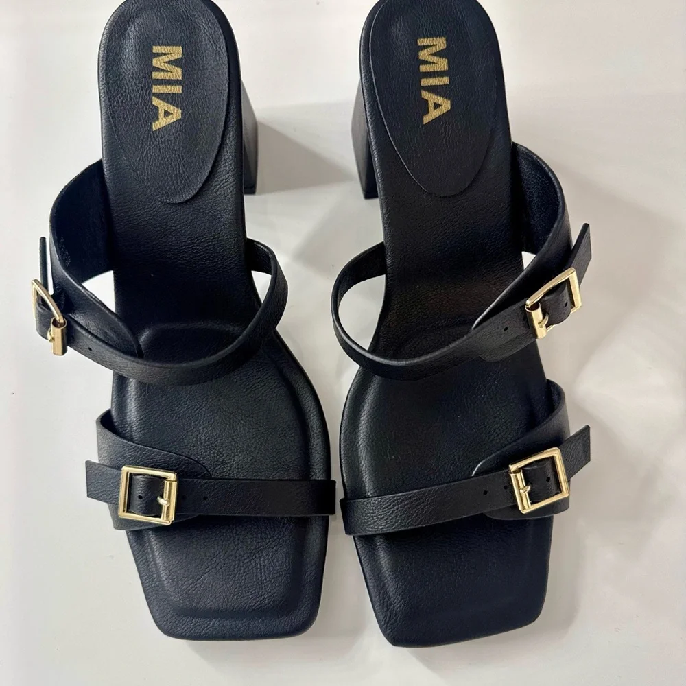 MIA Black Wedge Sandal with Gold Buckles